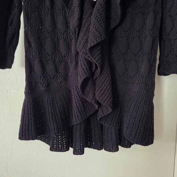 Style & Co. L Black Drape Front Cardigan Single Button Ruffle Knit 100% Cotton - Picture 3 of 5